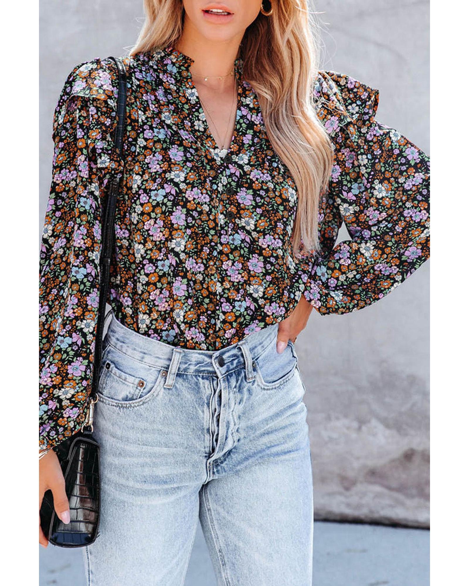 Azura Exchange Floral Print Ruffled Bubble Sleeve Shirt - S Main image