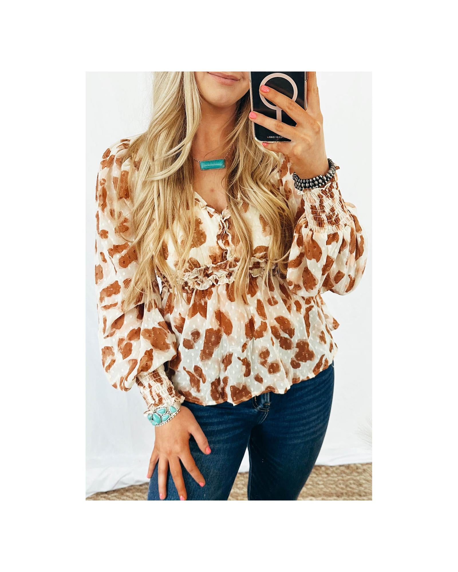Azura Exchange Leopard Jacquard Puff Sleeve Peplum Blouse - XL Main image