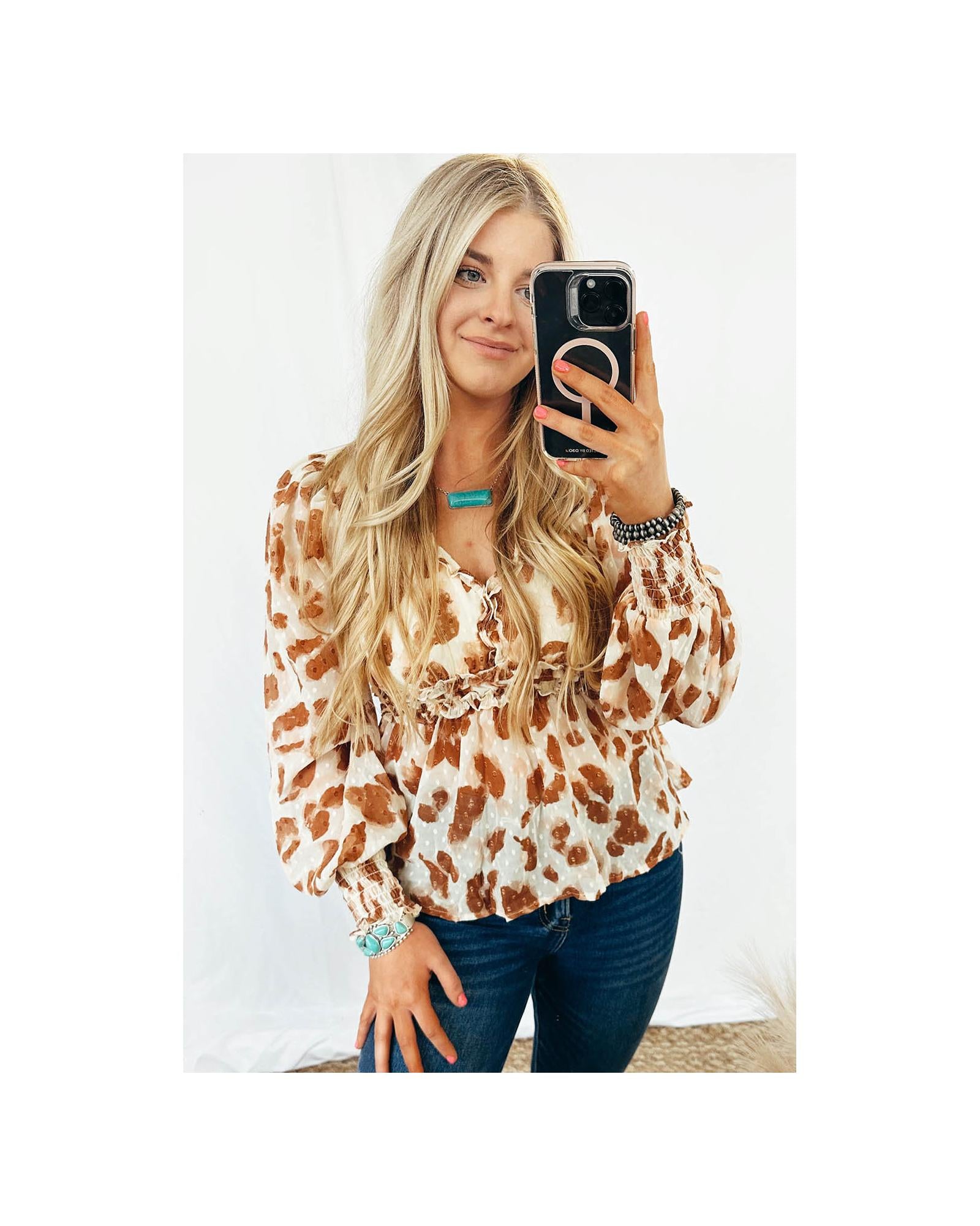 Azura Exchange Leopard Jacquard Puff Sleeve Peplum Blouse - XL Secondary image