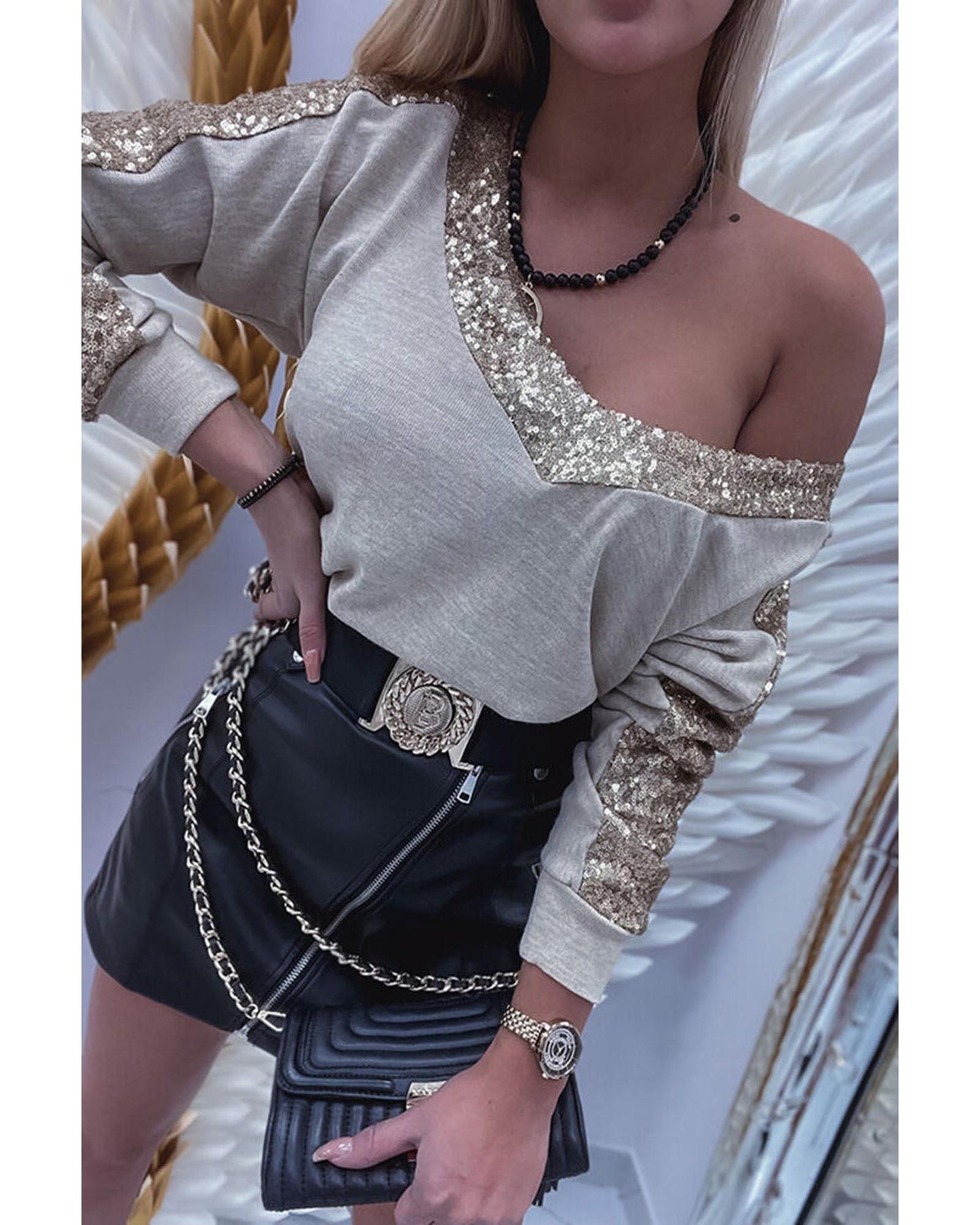 Azura Exchange Sequin Patchwork V Neck Long Sleeve Top - XL