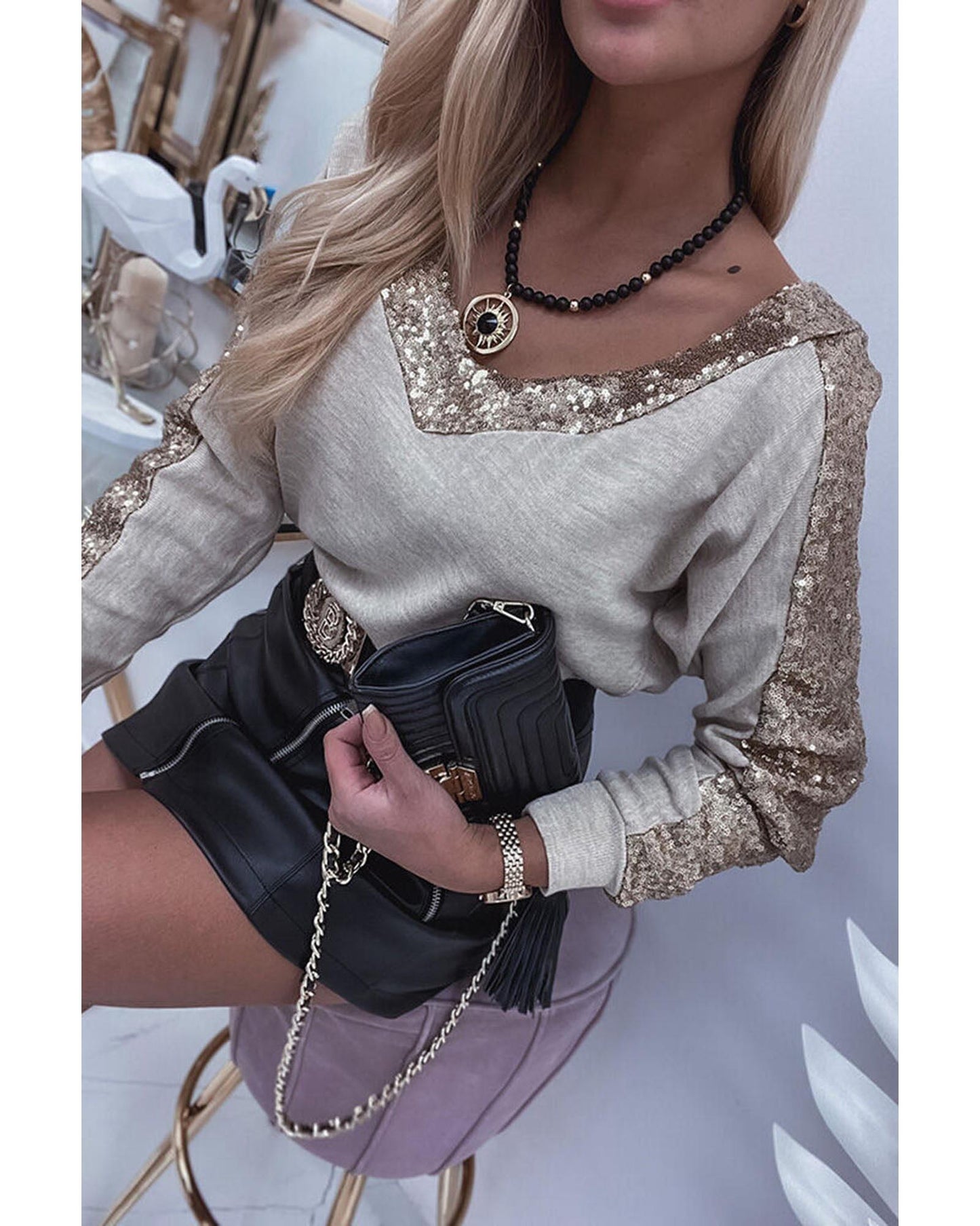 Azura Exchange Sequin Patchwork V Neck Long Sleeve Top - XL