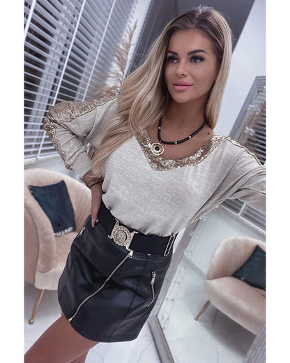 Azura Exchange Sequin Patchwork V Neck Long Sleeve Top - XL