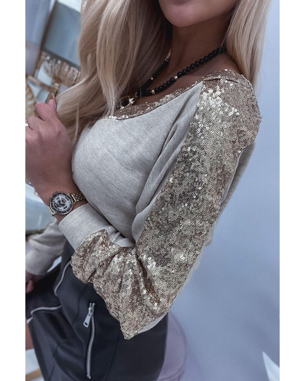 Azura Exchange Sequin Patchwork V Neck Long Sleeve Top - XL