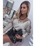 Azura Exchange Sequin Patchwork V Neck Long Sleeve Top - XL