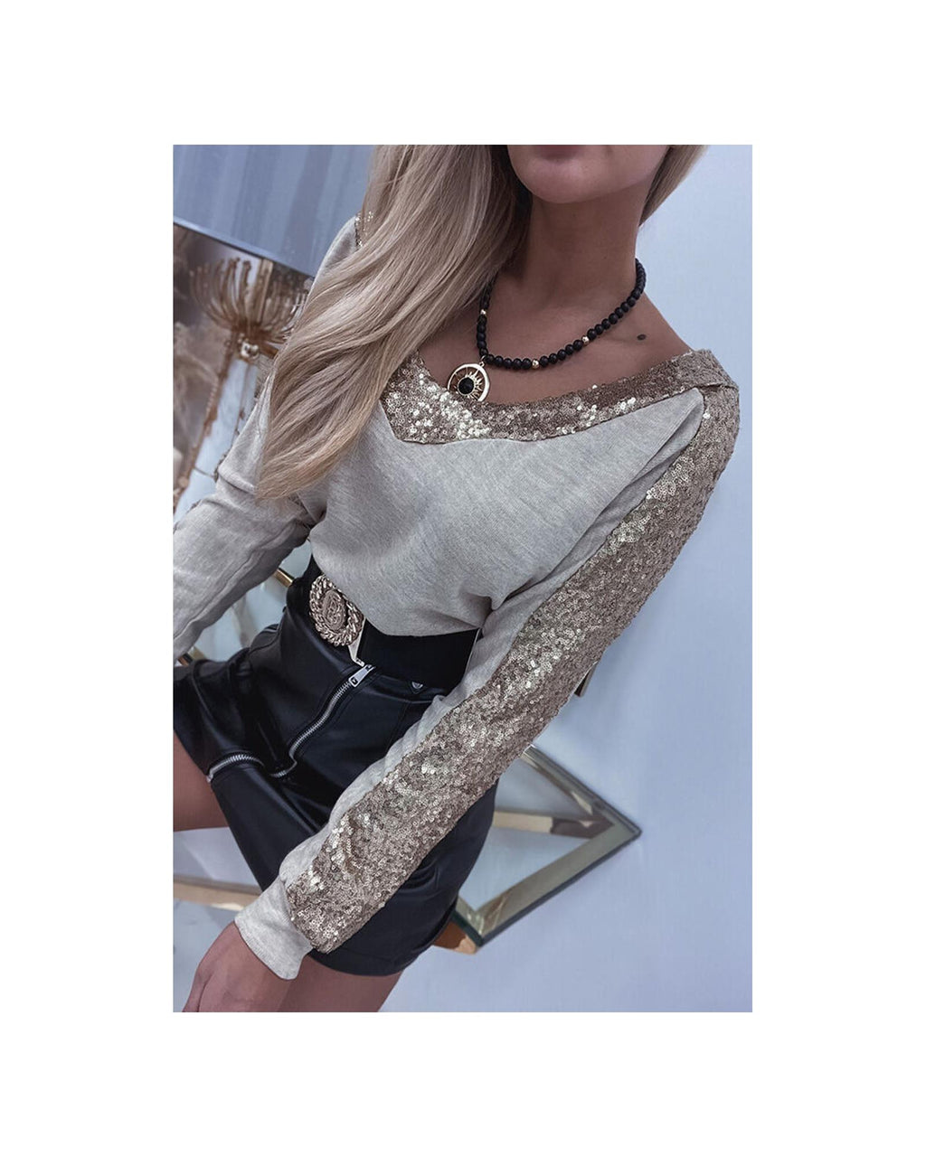 Azura Exchange Sequin Patchwork V Neck Long Sleeve Top - XL