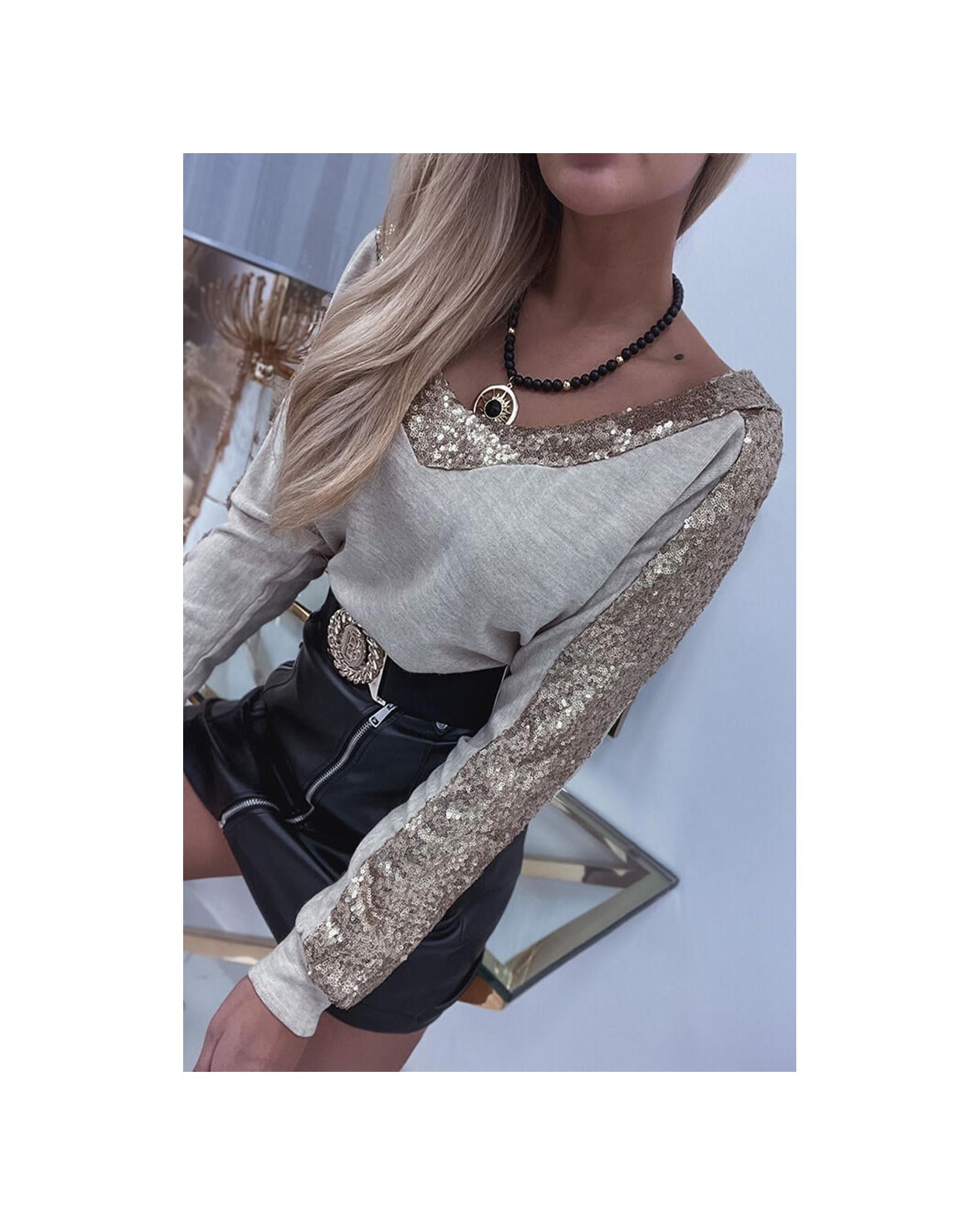 Azura Exchange Sequin Patchwork V Neck Long Sleeve Top - XL