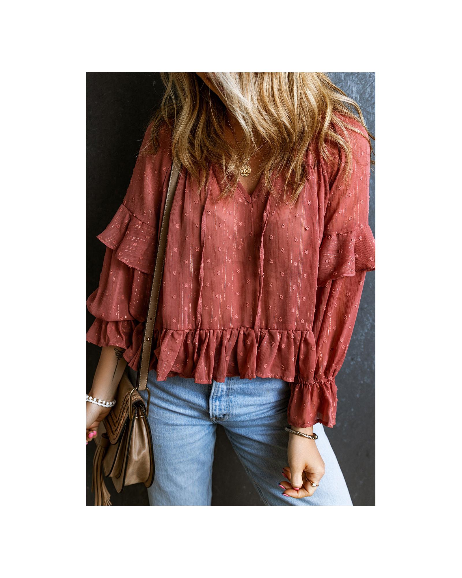 Azura Exchange Swiss Dot Lace Up V Neck Ruffled Blouse - M Main image