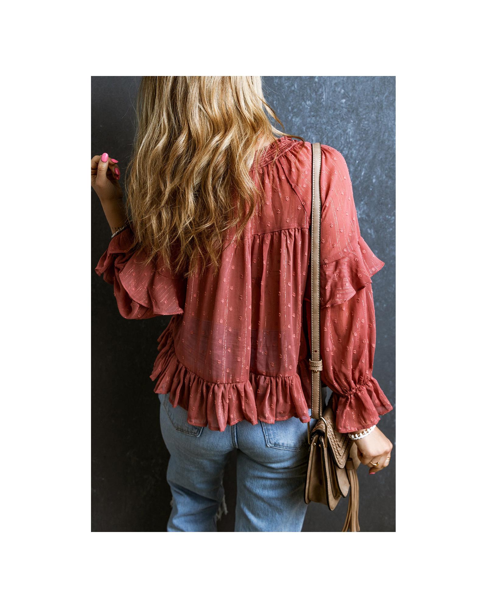 Azura Exchange Swiss Dot Lace Up V Neck Ruffled Blouse - M Secondary image