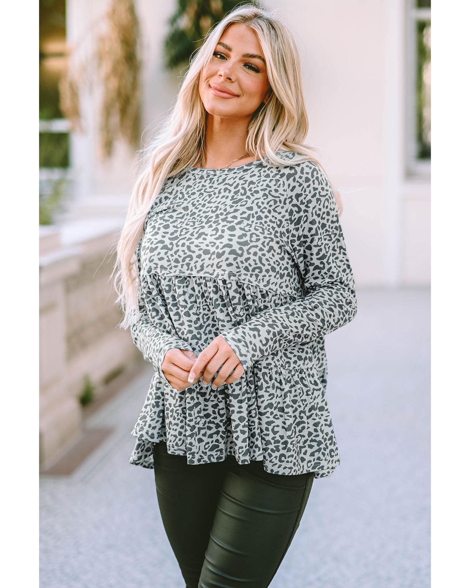 Azura Exchange Leopard Print Long Sleeve Ruffled Blouse - L Main image