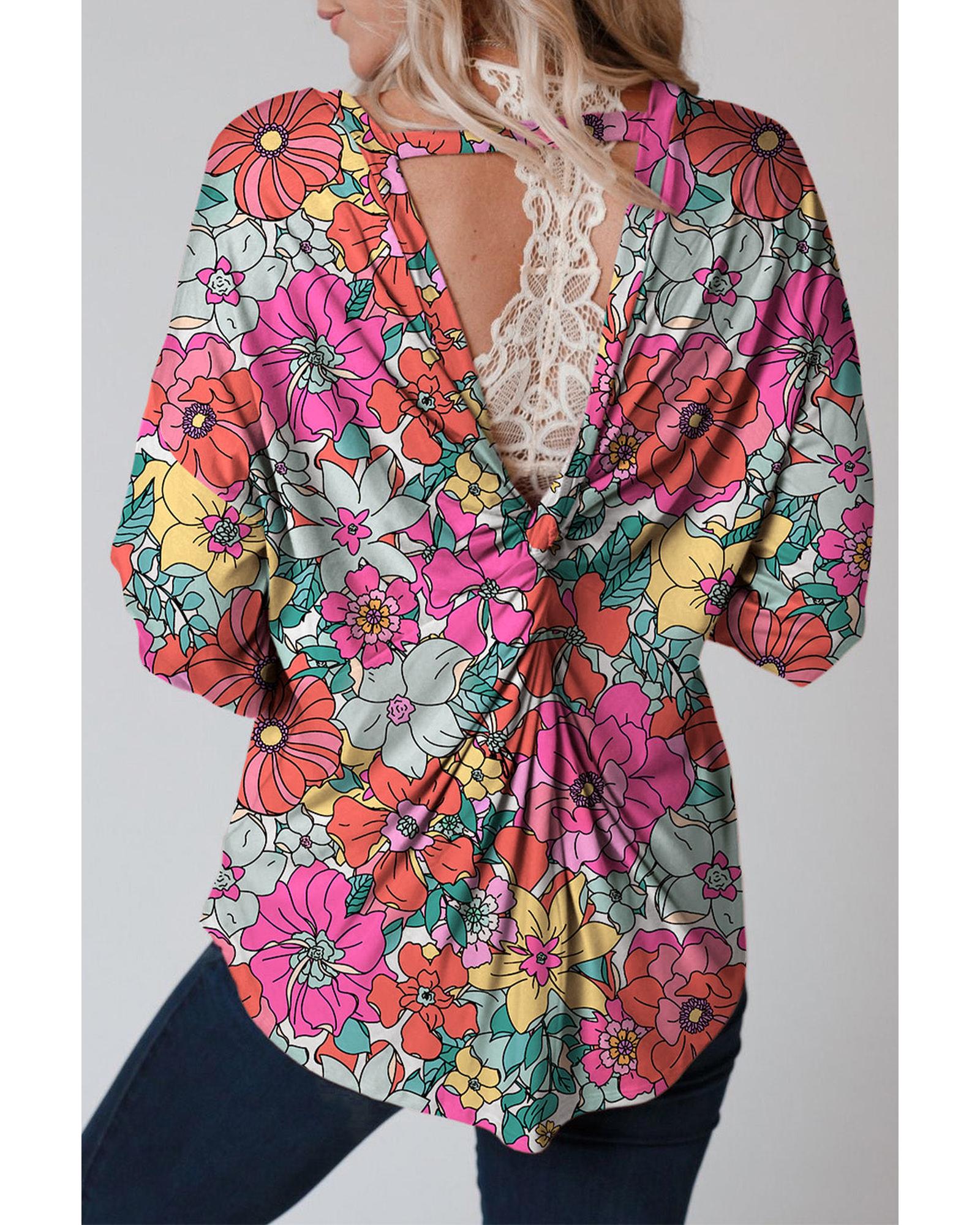 Azura Exchange Floral Long Sleeve Top with Twisted Hollow-out Back - L Main image