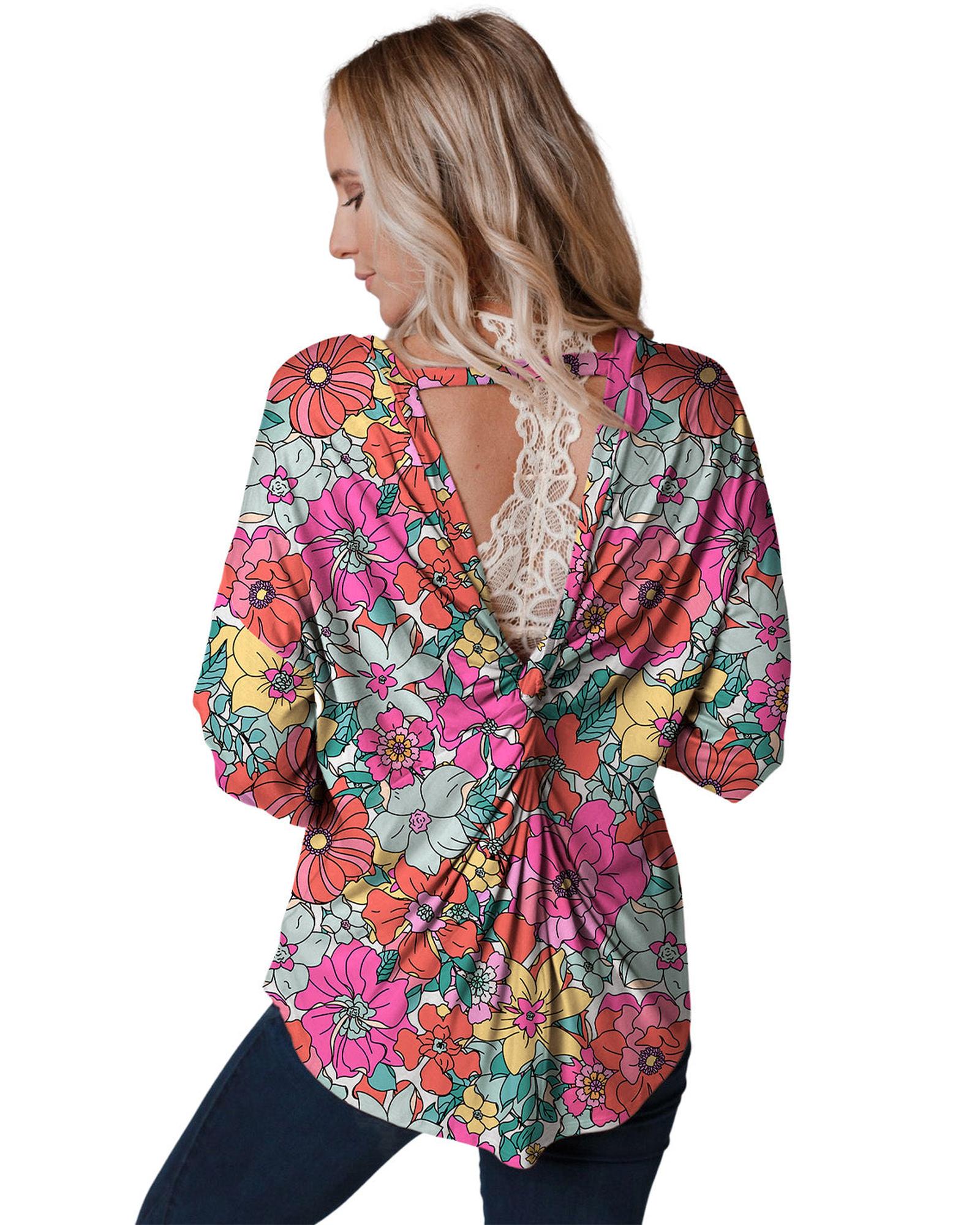 Azura Exchange Floral Long Sleeve Top with Twisted Hollow-out Back - L