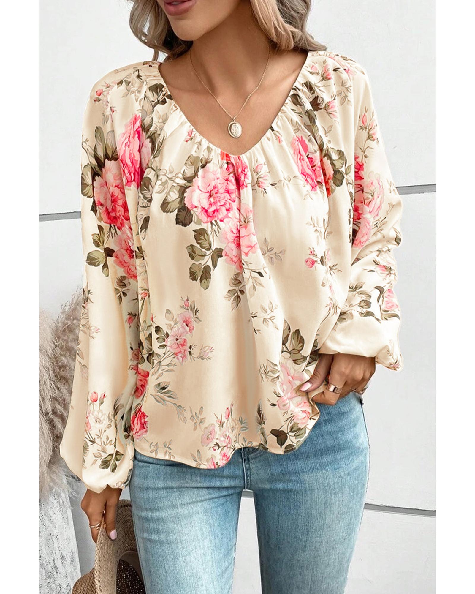 Azura Exchange Floral Print V-Neck Lantern Sleeve Blouse - M Main image
