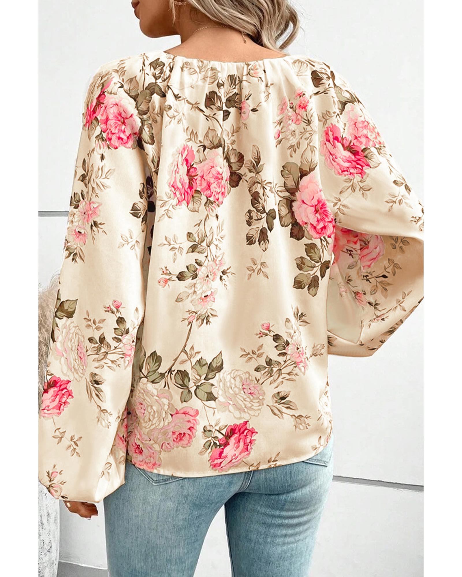 Azura Exchange Floral Print V-Neck Lantern Sleeve Blouse - S Secondary image
