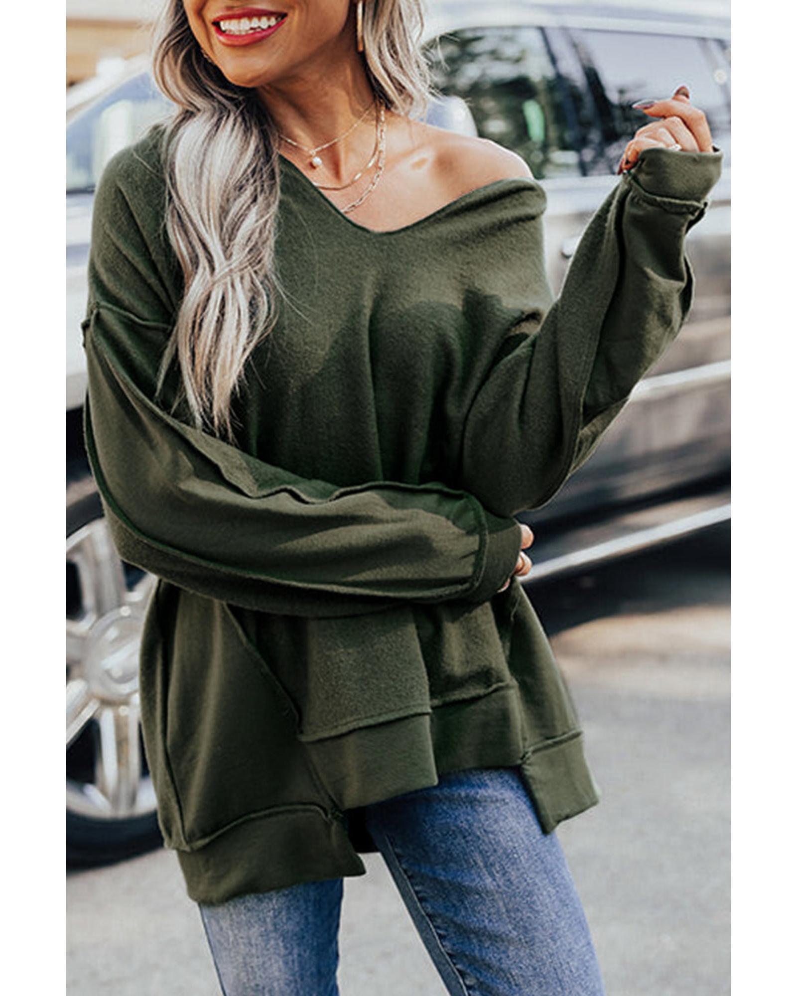 Azura Exchange Exquisite Green Long Sleeve Top with Split Neck and Exposed Seam Detail - L Main image