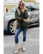 Azura Exchange Exquisite Green Long Sleeve Top with Split Neck and Exposed Seam Detail - L