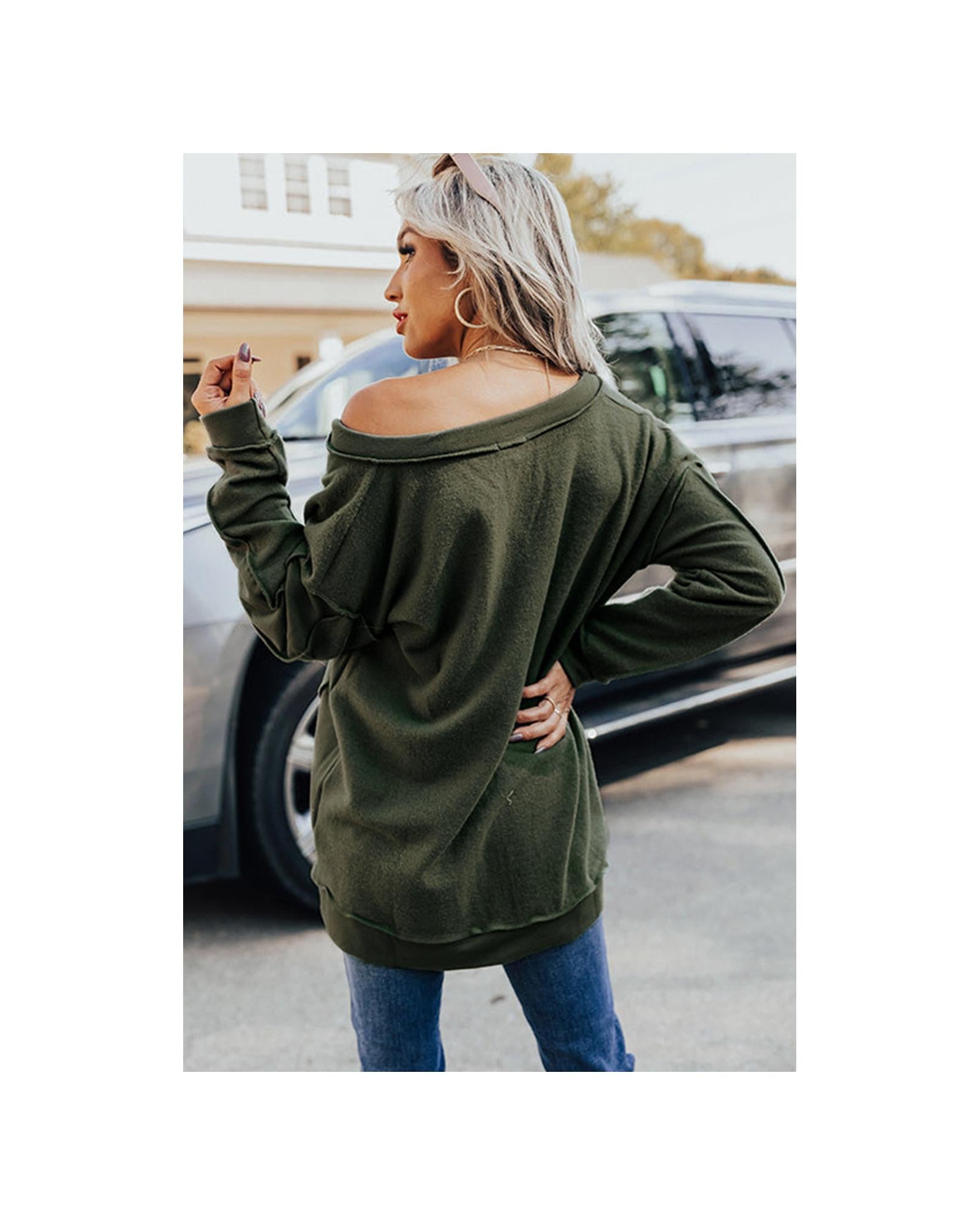 Azura Exchange Exquisite Green Long Sleeve Top with Split Neck and Exposed Seam Detail - M Secondary image