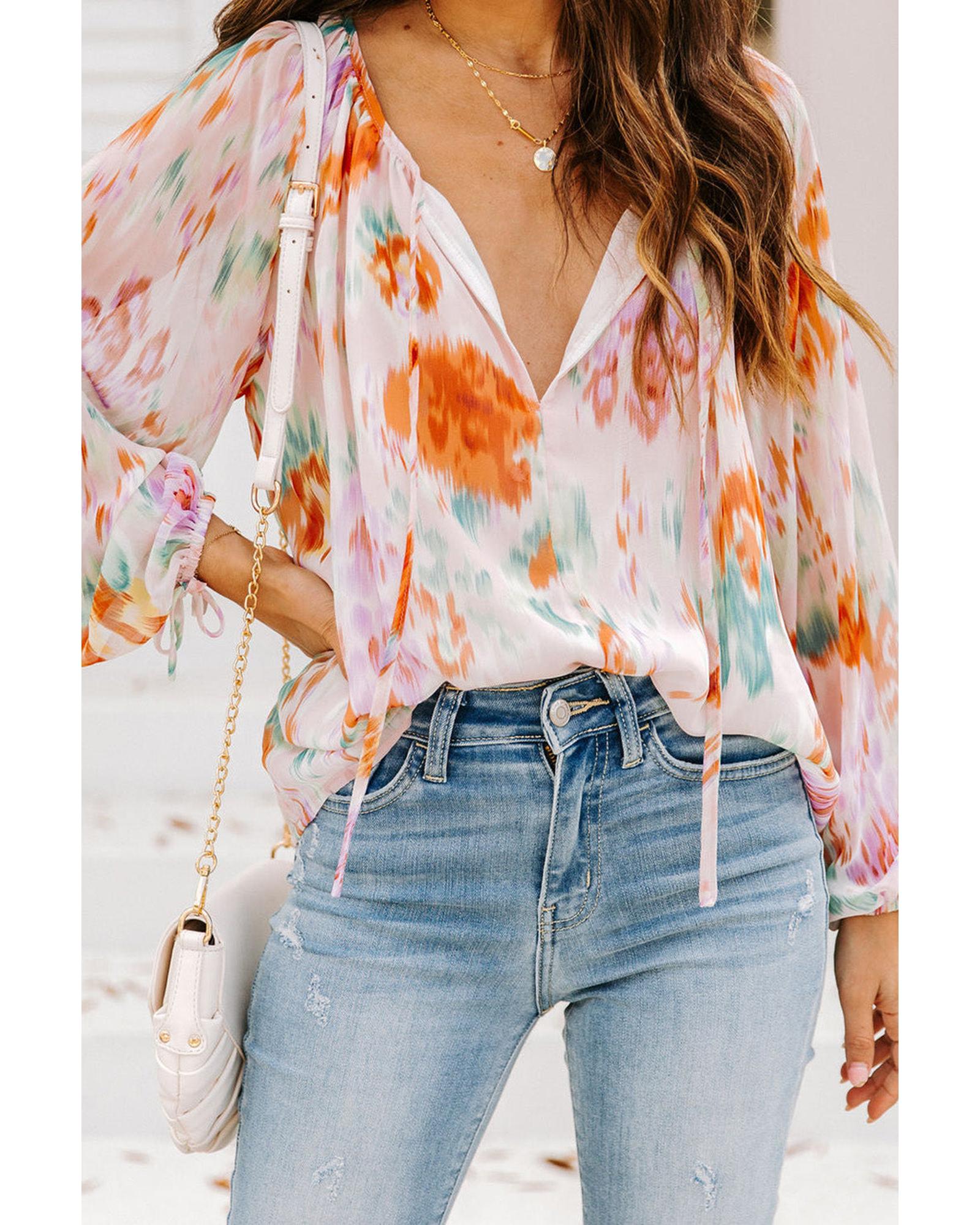 Azura Exchange Abstract Print Split Neck Puff Sleeve Blouse - S Main image