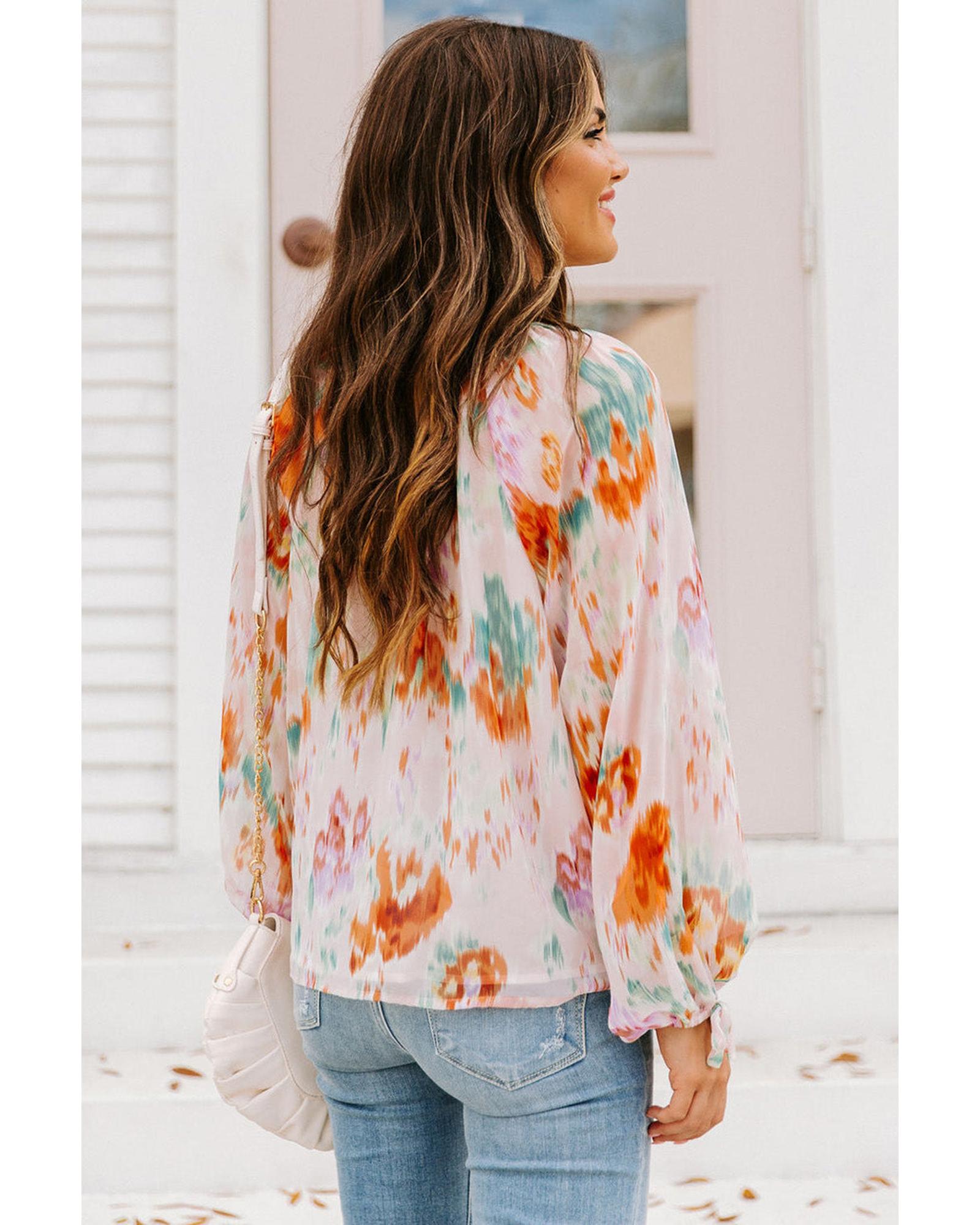 Azura Exchange Abstract Print Split Neck Puff Sleeve Blouse - XL Secondary image