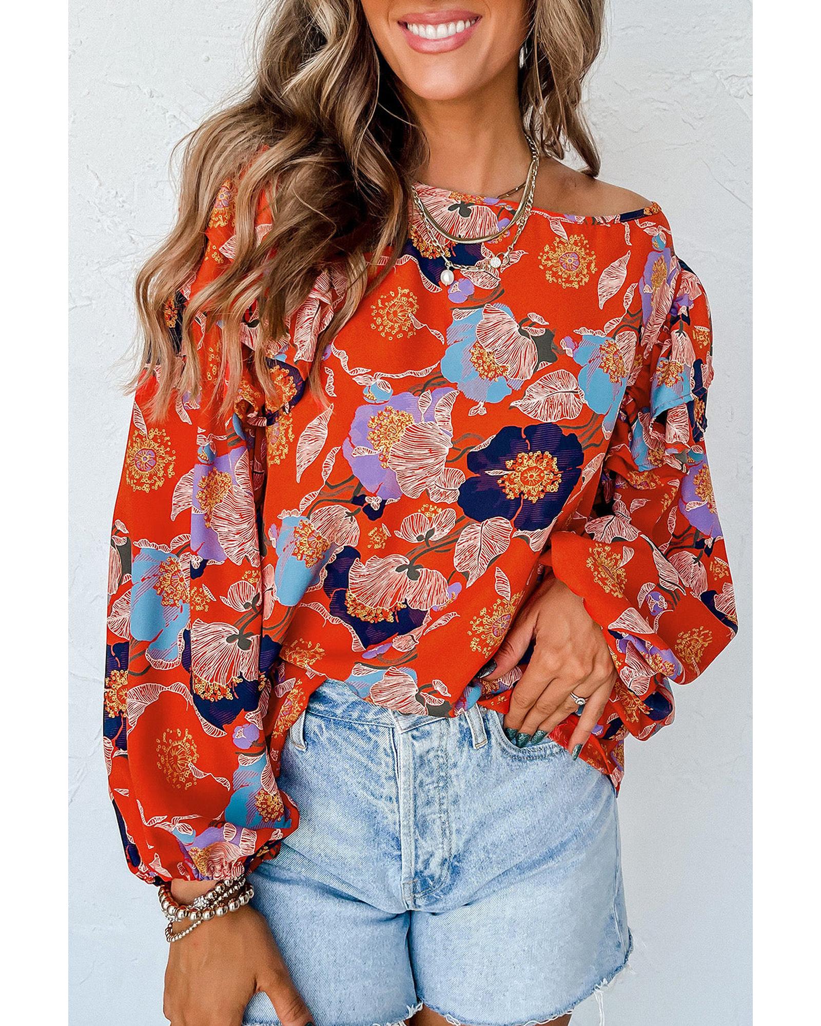 Azura Exchange Floral Print Ruffle Puff Sleeve Blouse - S Main image