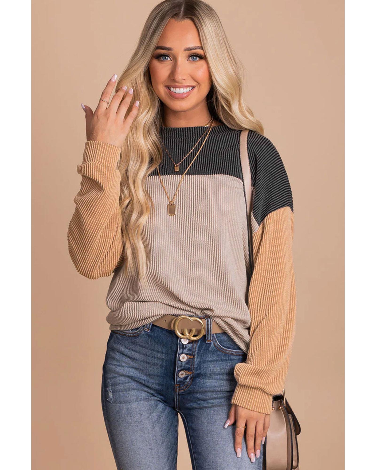 Azura Exchange Color Block Long Sleeve Ribbed Loose Top - S Secondary image
