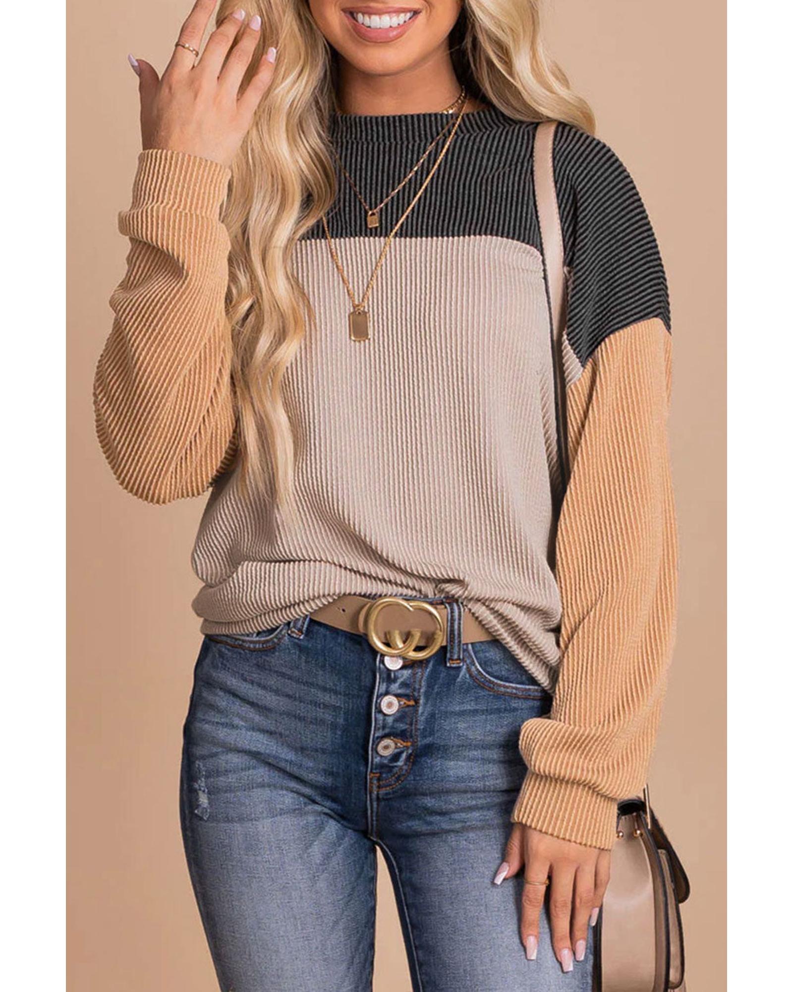 Azura Exchange Color Block Long Sleeve Ribbed Loose Top - XL Main image