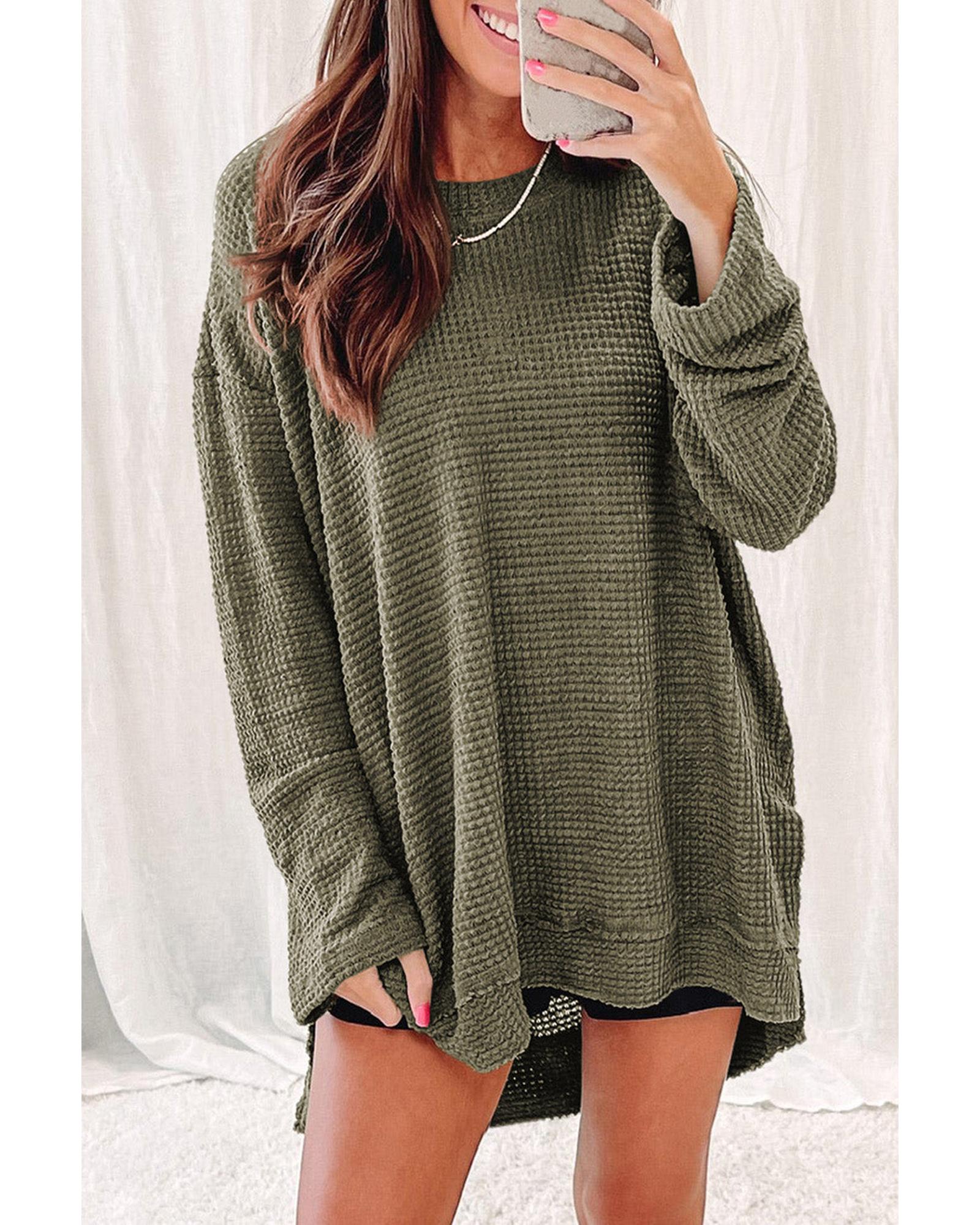 Azura Exchange Oversized Green Waffle Knit High Slits Top - S Main image