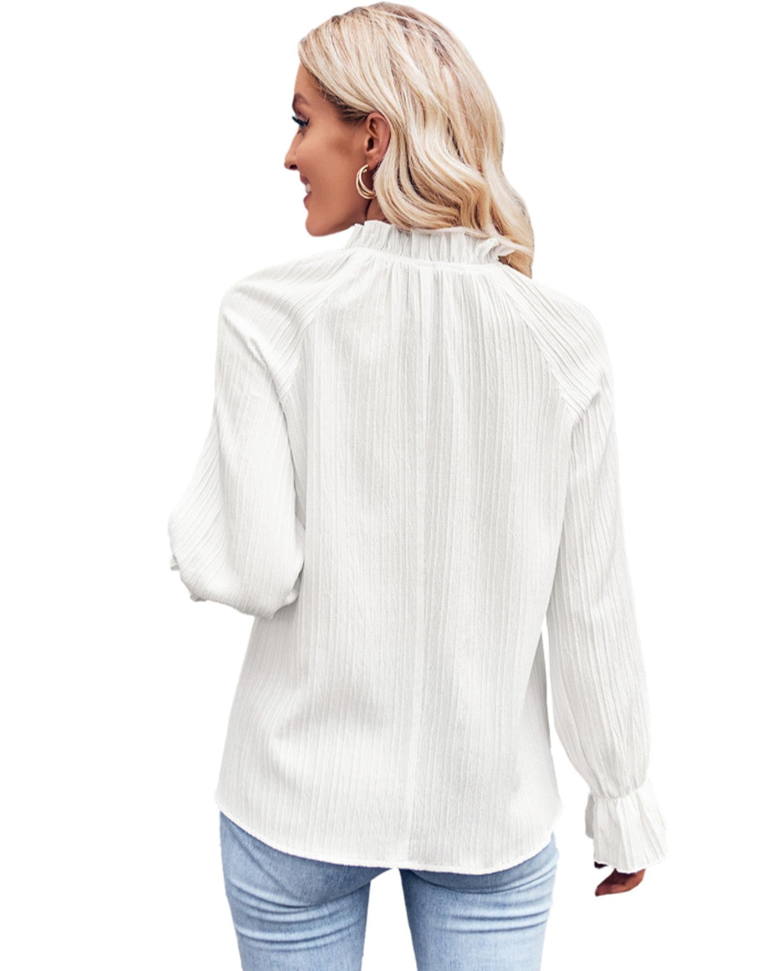 Azura Exchange Frilled Mock Neck Ripple Sleeve Blouse - S Secondary image