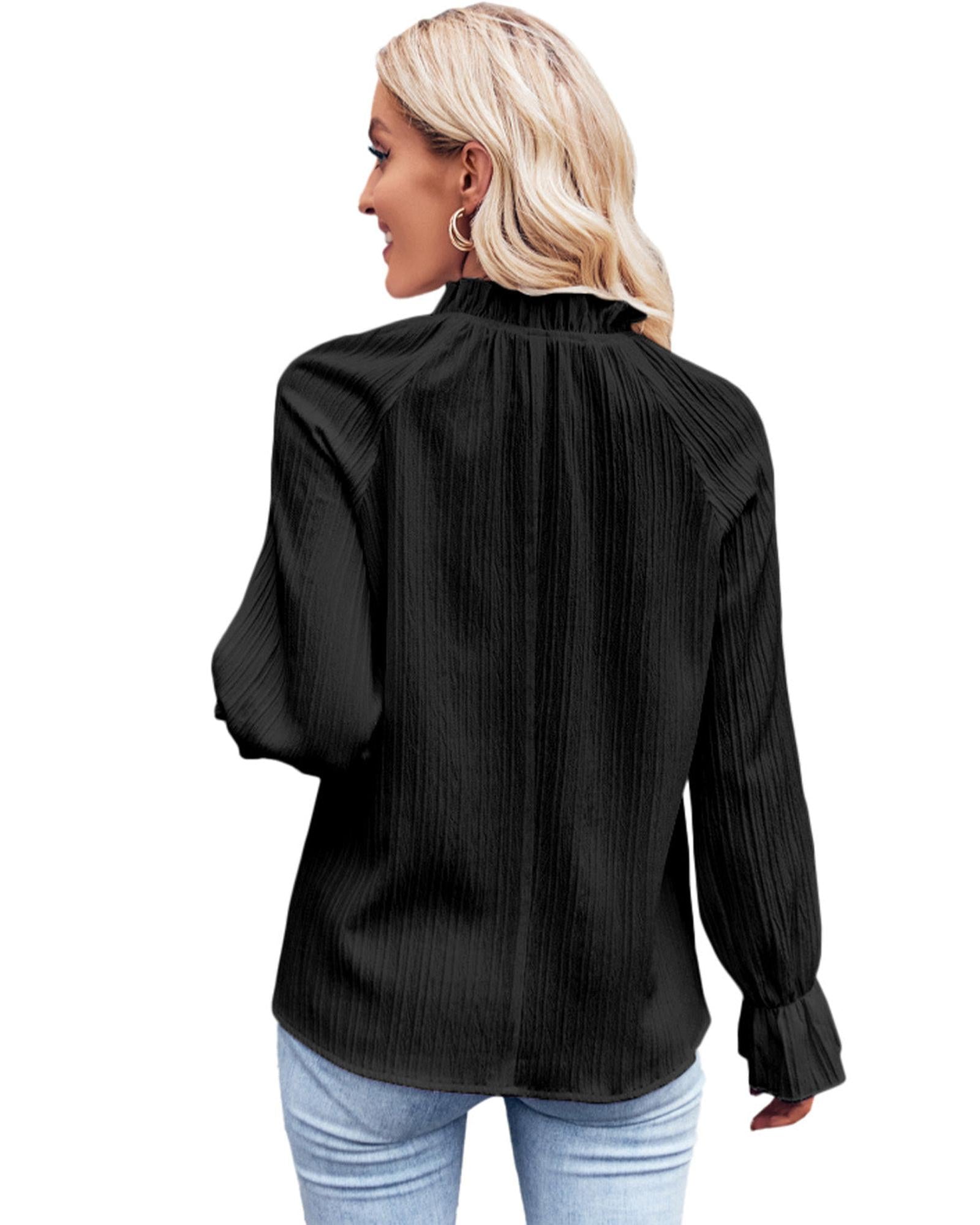 Azura Exchange Frilled Mock Neck Ripple Bubble Sleeve Blouse - S Secondary image