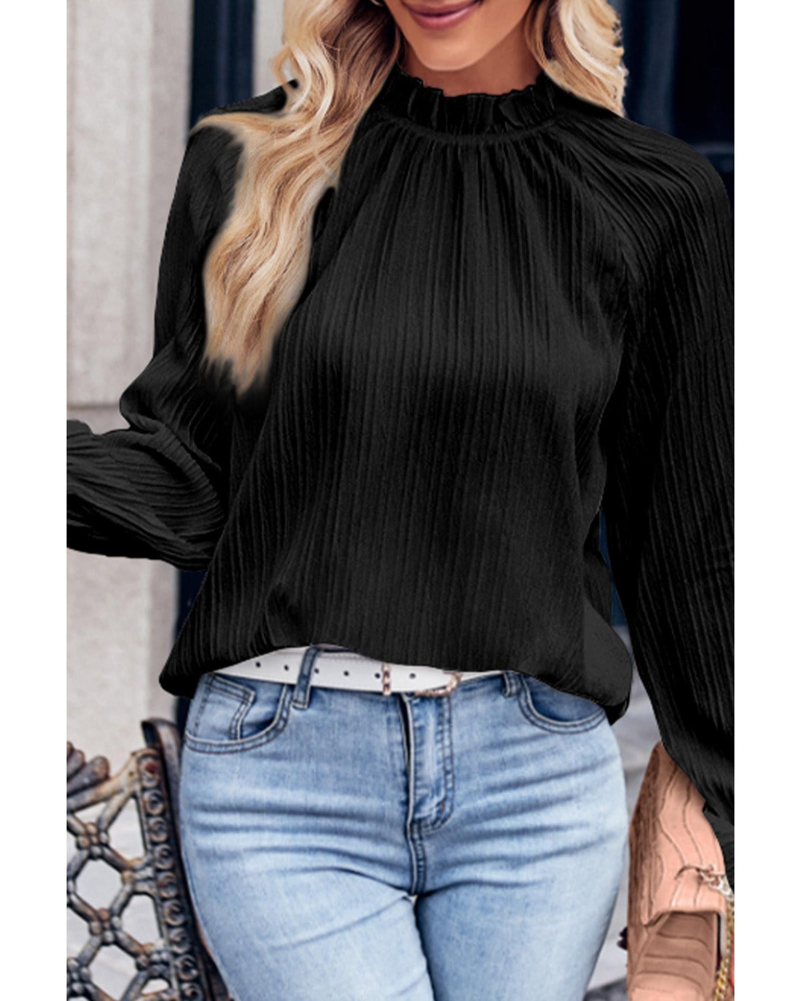Azura Exchange Frilled Mock Neck Ripple Bubble Sleeve Blouse - XL Main image