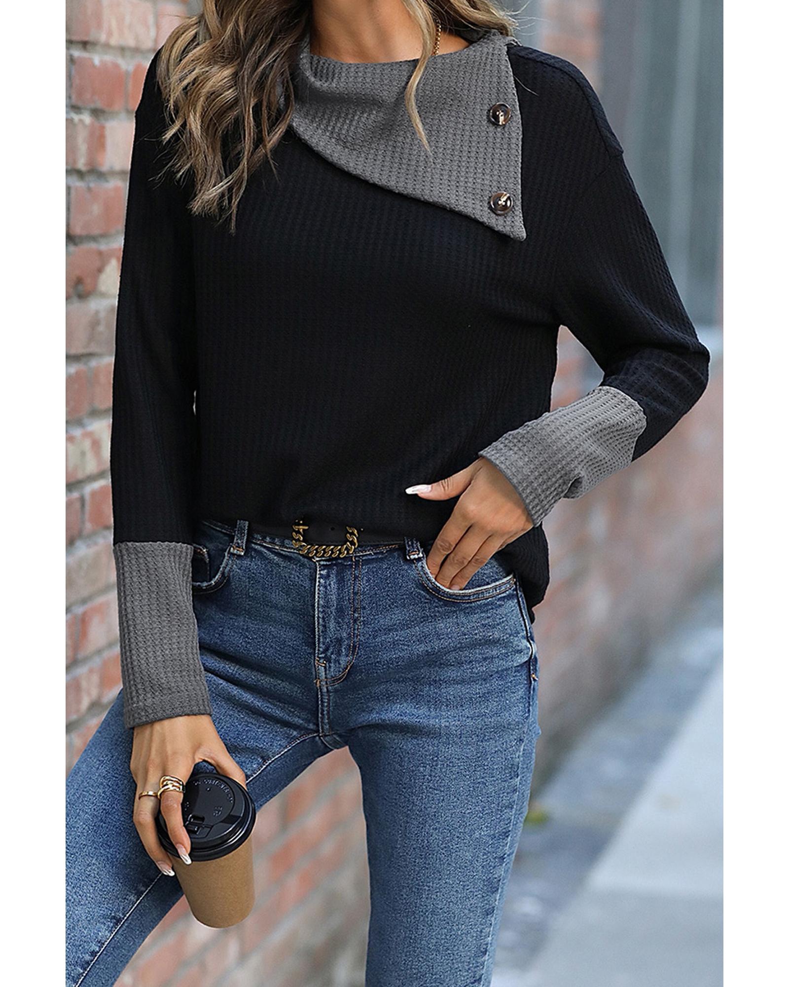 Azura Exchange Black Colorblock Asymmetrical Neck Top - S