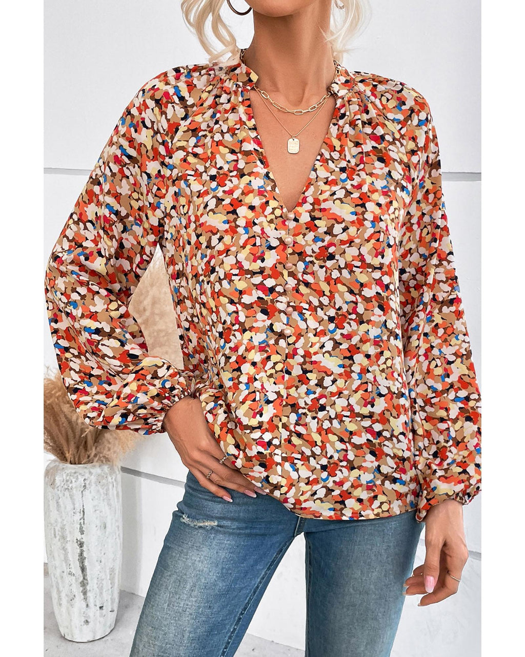 Azura Exchange Allover Print Bishop Sleeve Blouse - M