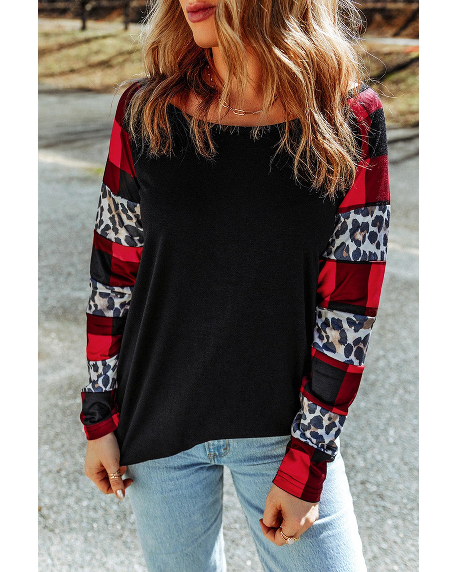 Azura Exchange Plaid & Leopard Print Off Shoulder Top - S Main image