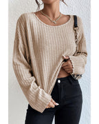 Azura Exchange Beige Drop Shoulder Loose Ribbed Knit Top - M