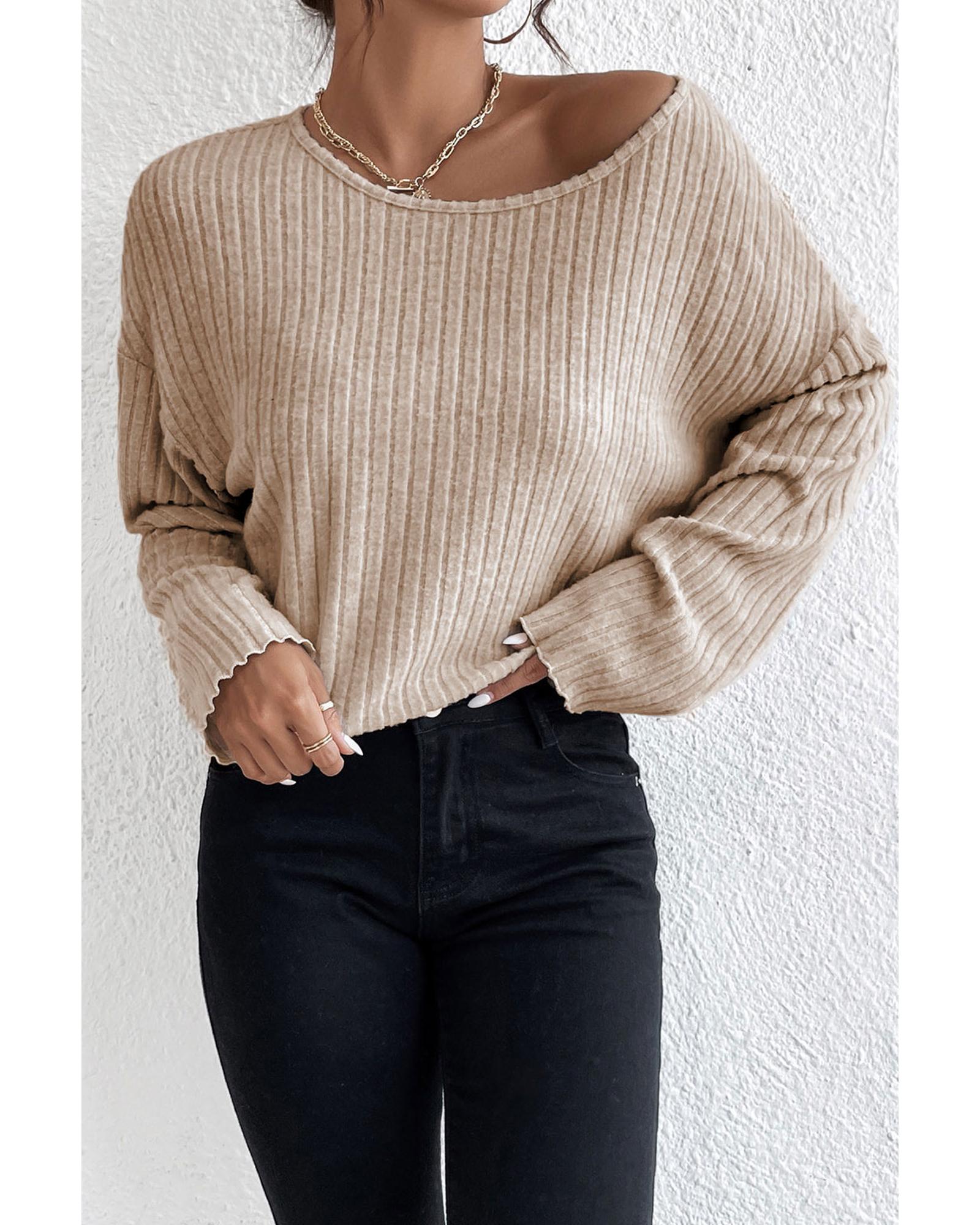 Azura Exchange Beige Drop Shoulder Loose Ribbed Knit Top - XL
