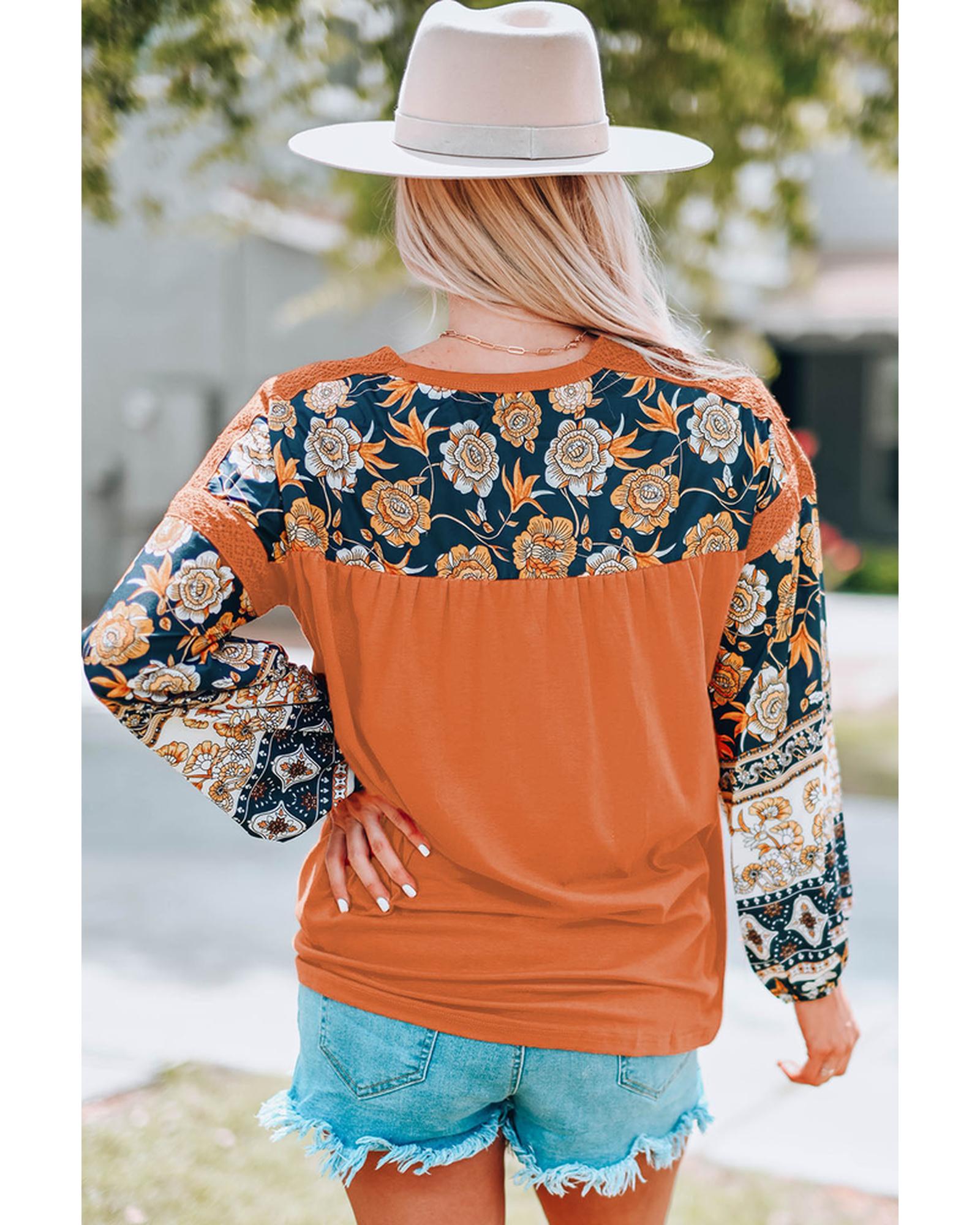 Azura Exchange Floral Print Balloon Sleeve Top with Lace Details - S Secondary image