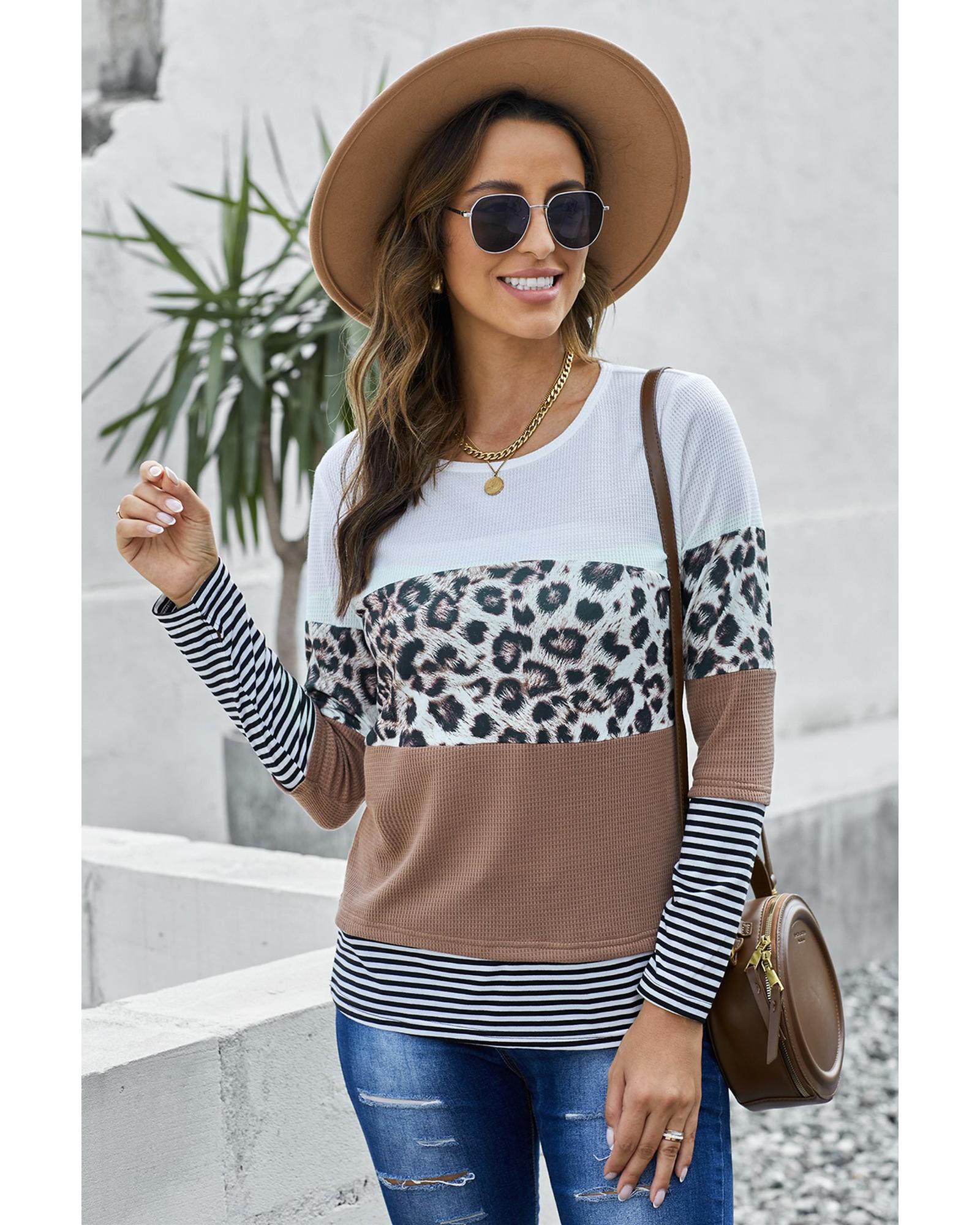 Azura Exchange Leopard Splicing Colorblock Long Sleeve Top - 2XL Main image