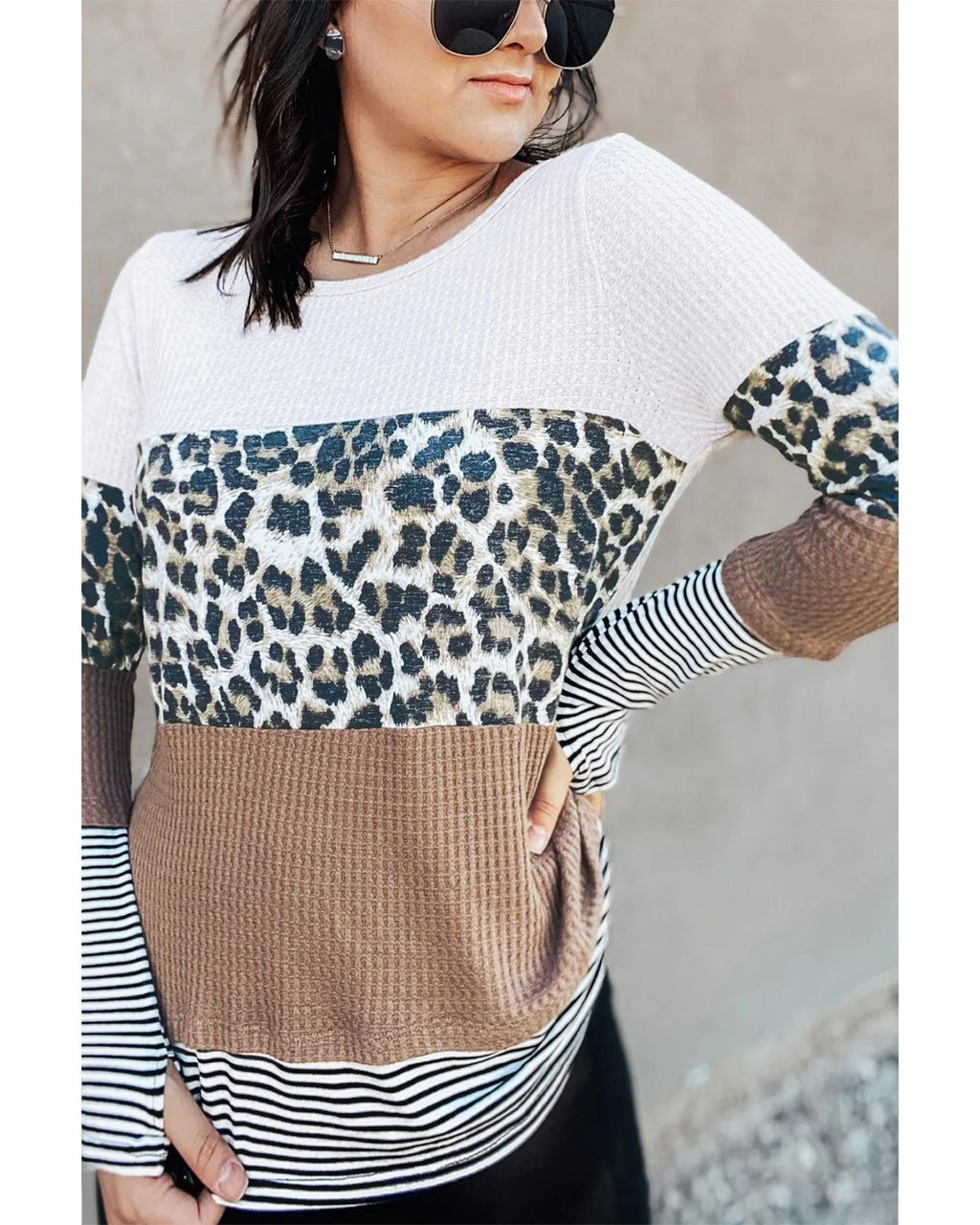 Azura Exchange Leopard Splicing Colorblock Long Sleeve Top - L