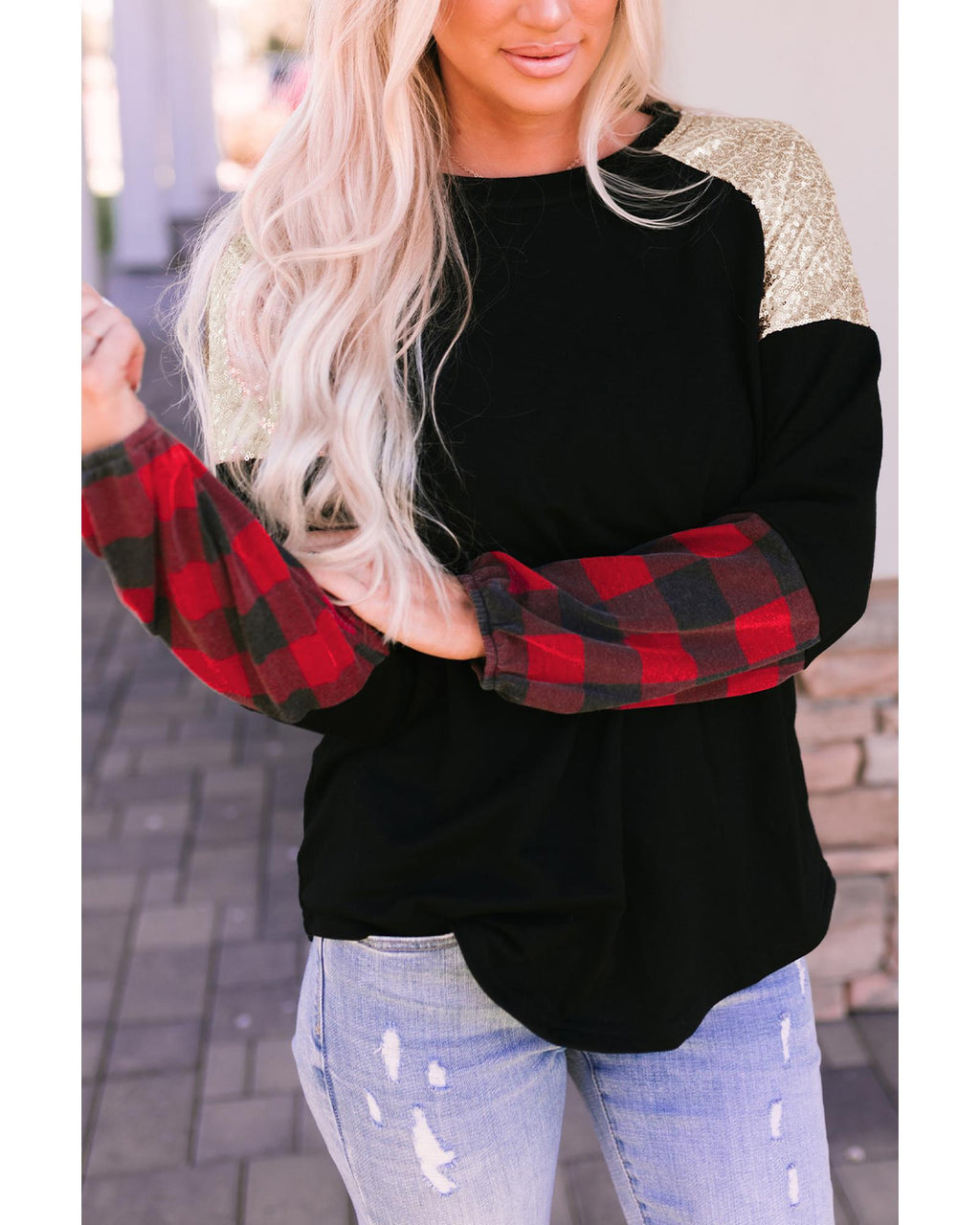 Azura Exchange Lantern Sleeve Plaid Sequin Pullover Sweatshirt - L