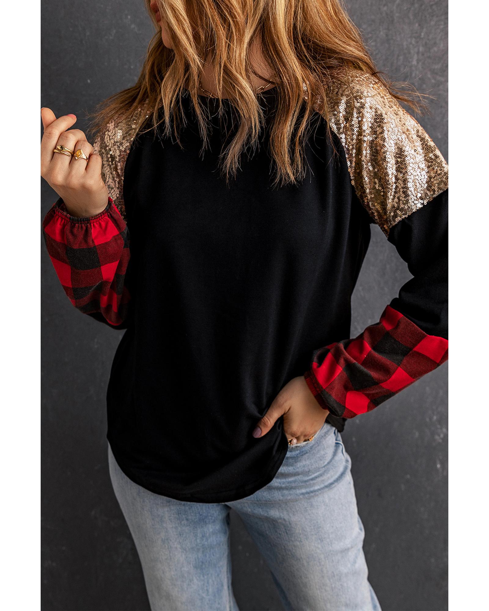Azura Exchange Lantern Sleeve Plaid Sequin Pullover Sweatshirt - M Main image