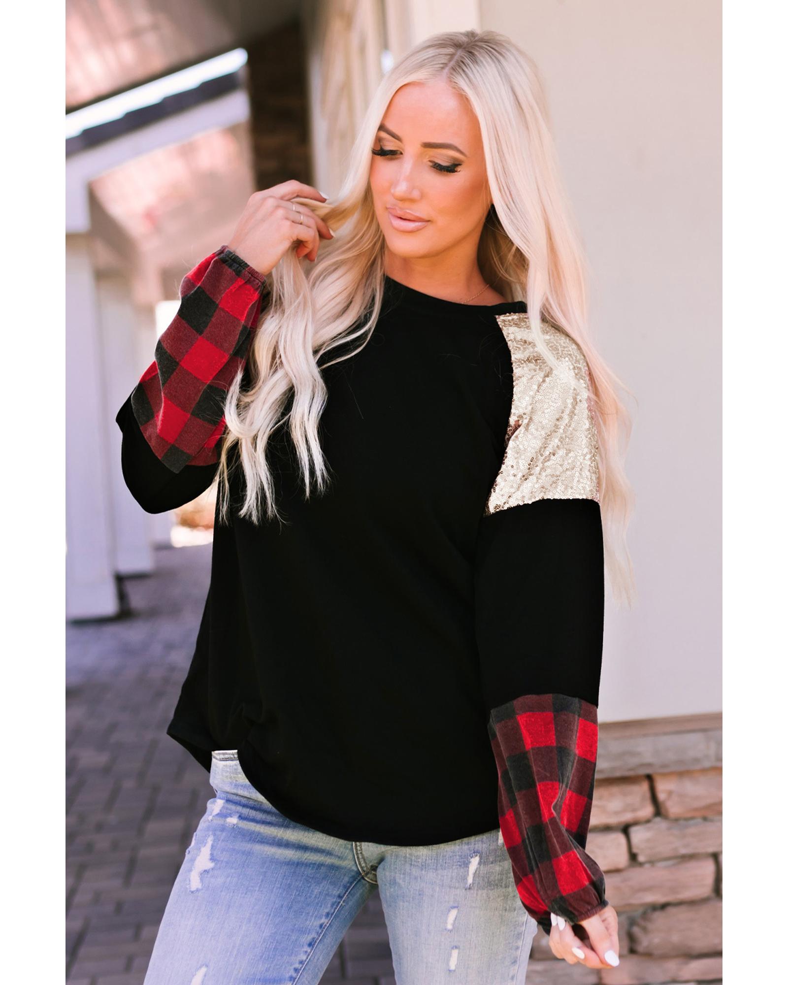 Azura Exchange Lantern Sleeve Plaid Sequin Pullover Sweatshirt - M Secondary image