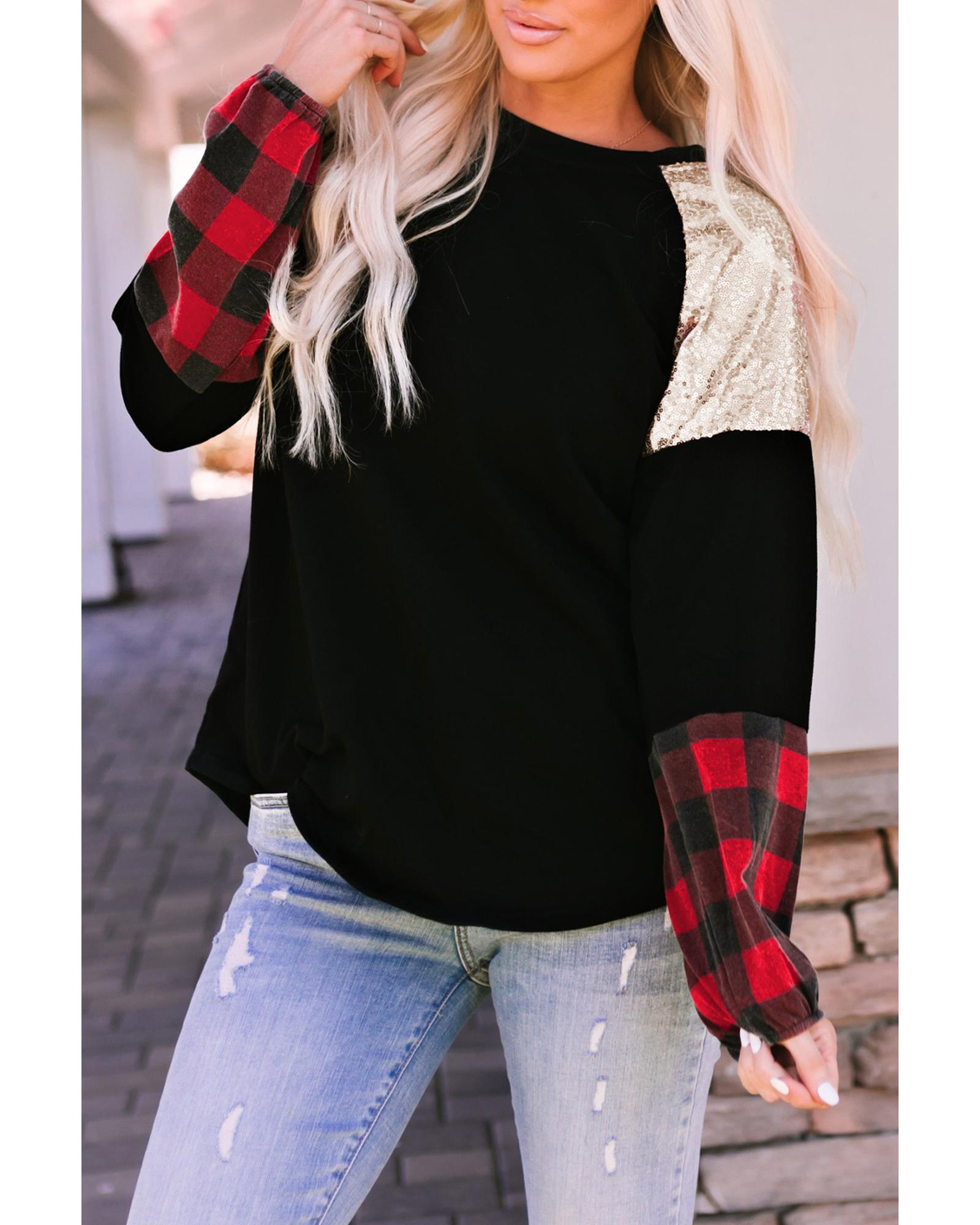 Azura Exchange Lantern Sleeve Plaid Sequin Pullover Sweatshirt - M