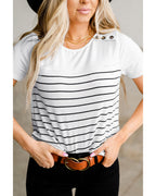 Azura Exchange Striped Buttoned Short Sleeve Top - L