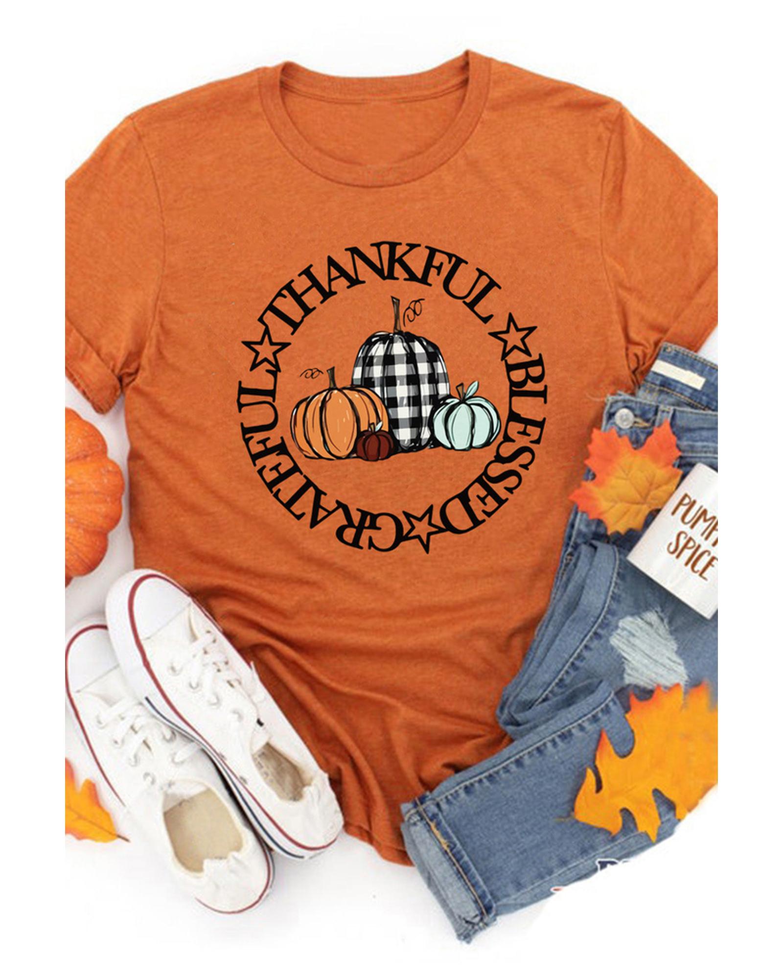 Azura Exchange Thankful Blessed Grateful Pumpkin Print T-Shirt - S Main image