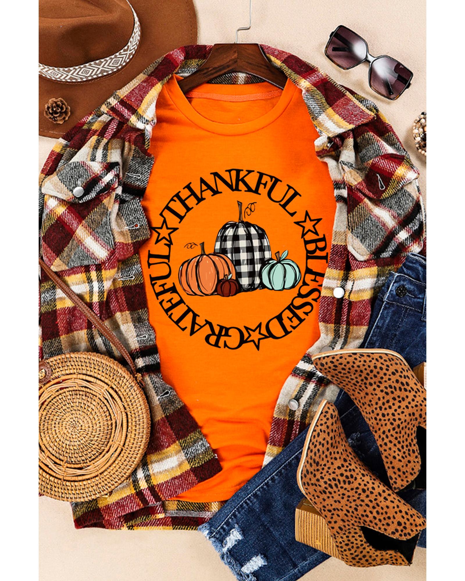 Azura Exchange Thankful Blessed Grateful Pumpkin Print T-Shirt - S