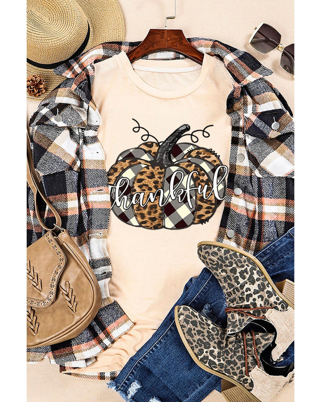 Azura Exchange Thankful Pumpkin Plaid Print Graphic Tee - M
