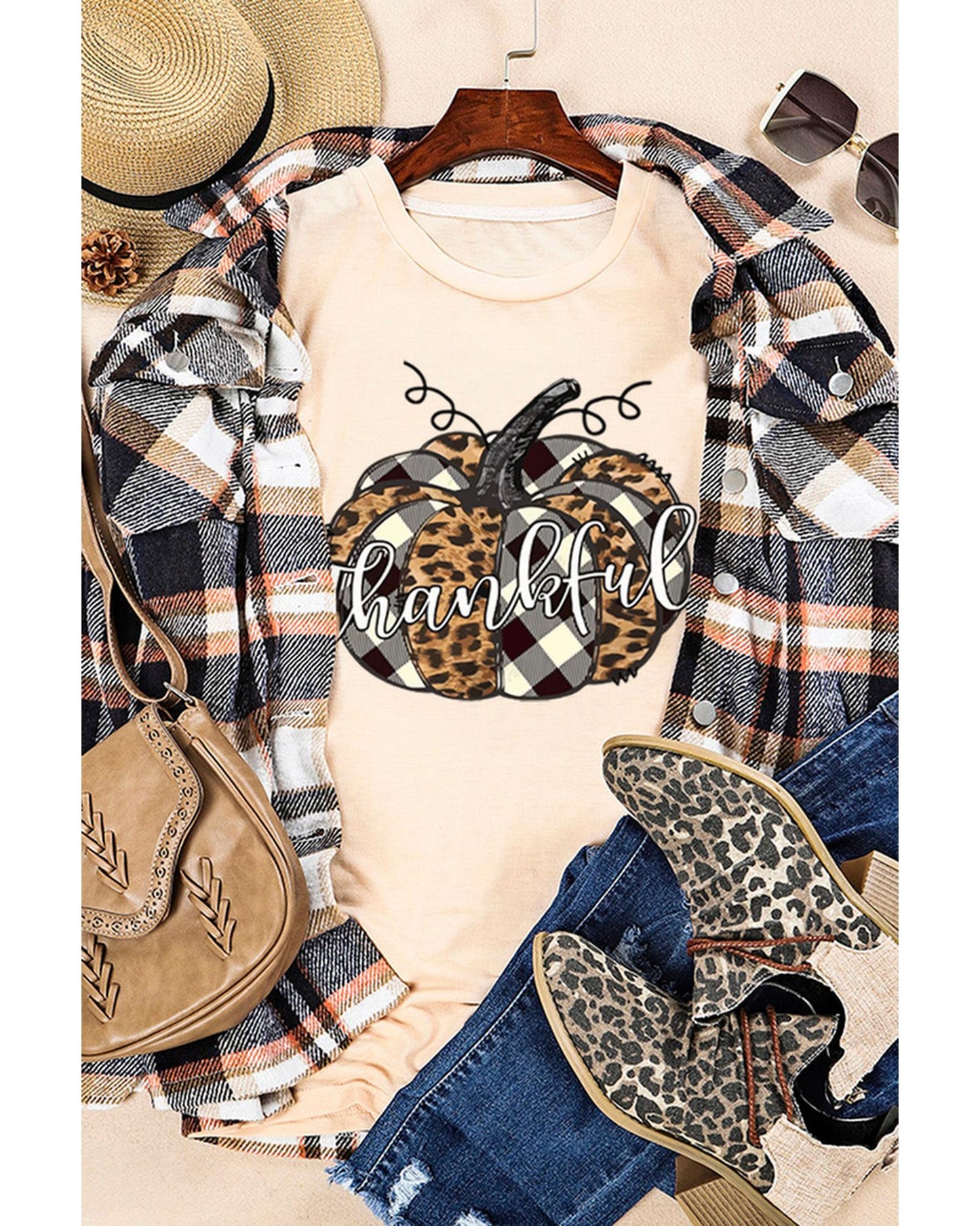 Azura Exchange Thankful Pumpkin Plaid Print Graphic Tee - S