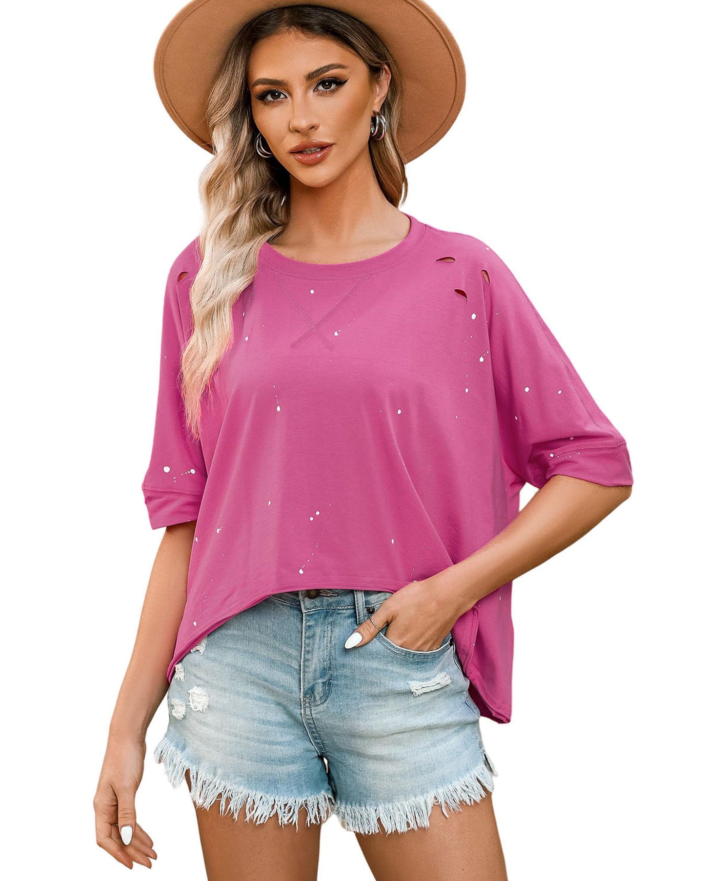 Azura Exchange Bleached Distressed Short Sleeve Top - L