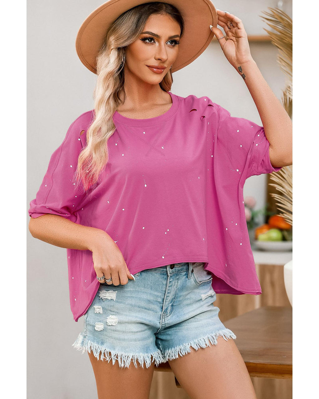 Azura Exchange Bleached Distressed Short Sleeve Top - M