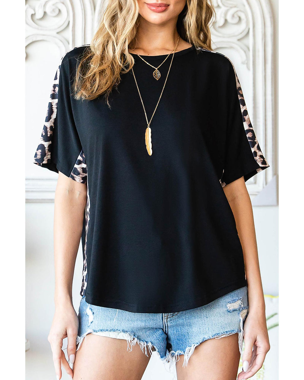 Azura Exchange Leopard Splicing Short Sleeve T-Shirt - M