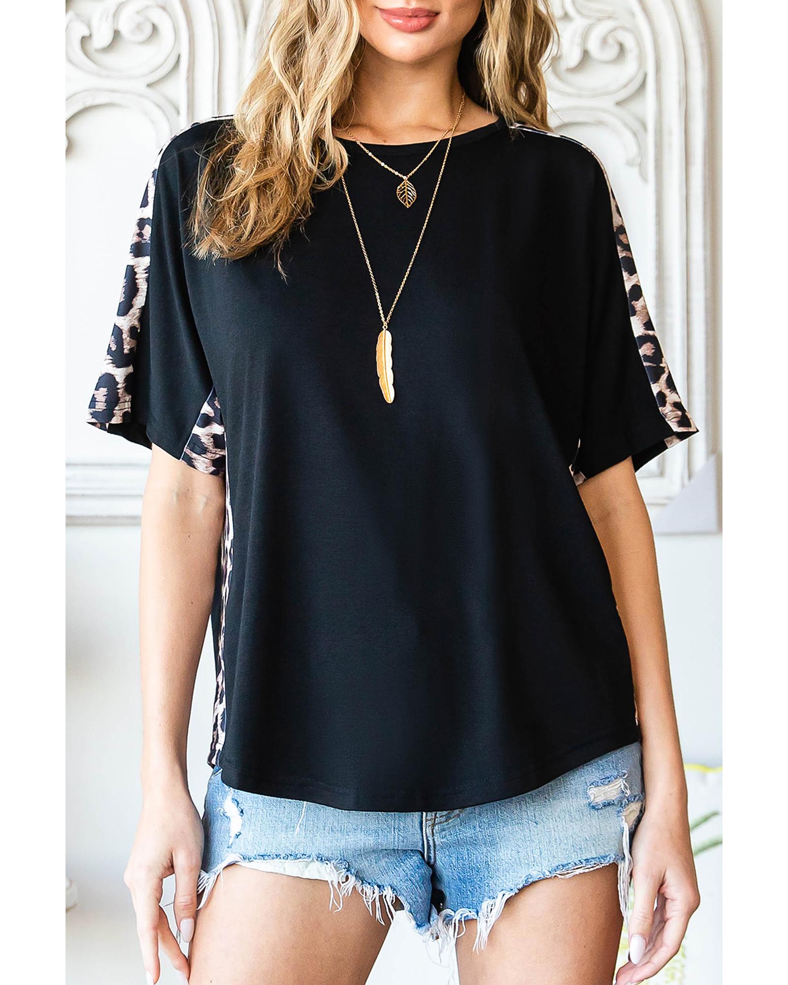 Azura Exchange Leopard Splicing Short Sleeve T-Shirt - M